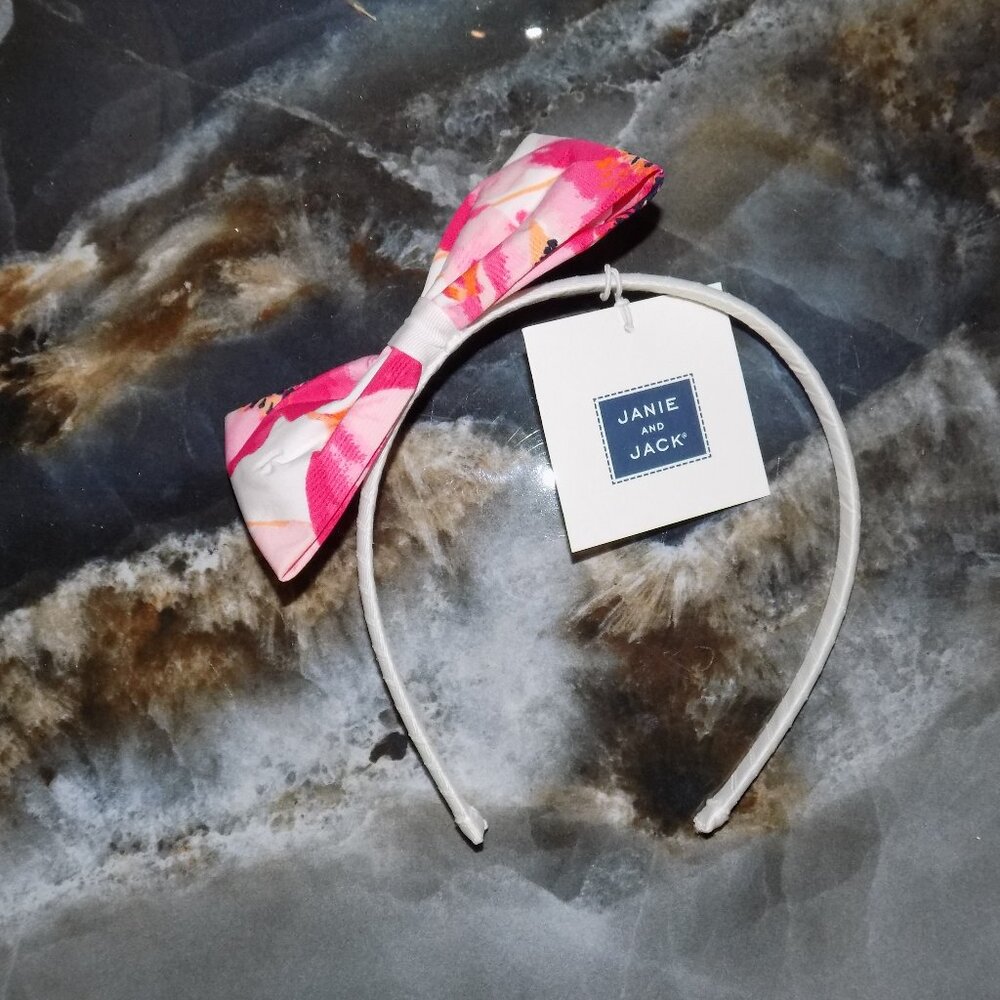 Janie and Jack White Fabric Wrapped Headband W/Pink Floral Bow OS Girl's NEW